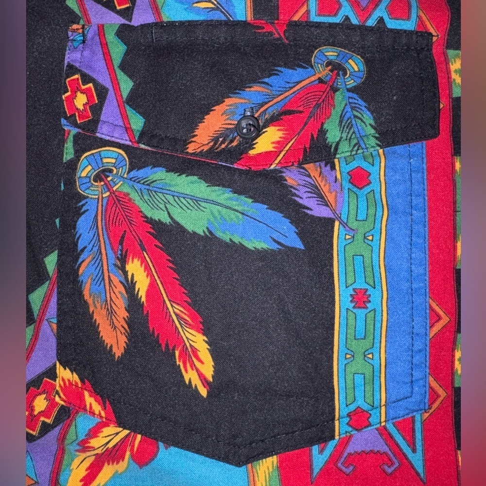 Vintage 80s/90s Wrangler Western Button-Up Shirt XL Bold Aztec Feather Print - Picture 4 of 8